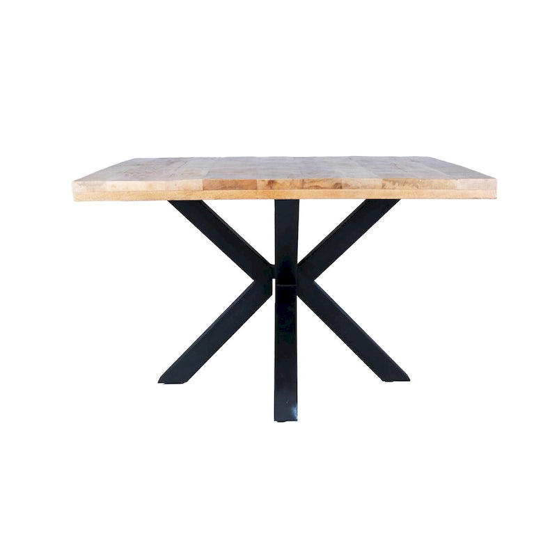 Table à manger carrée rustique antique en bois de manguier massif avec pieds araignée en métal noir