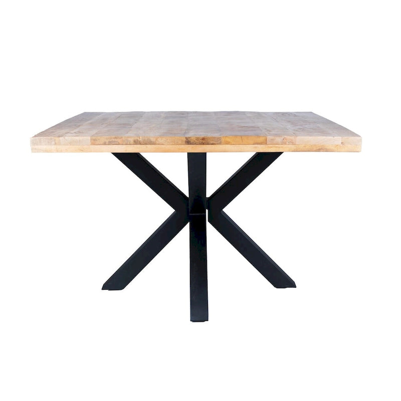 Table à manger carrée rustique antique en bois de manguier massif avec pieds araignée en métal noir