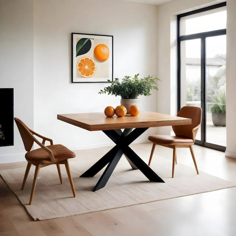 Table à manger carrée rustique antique en bois de manguier massif avec pieds araignée en métal noir