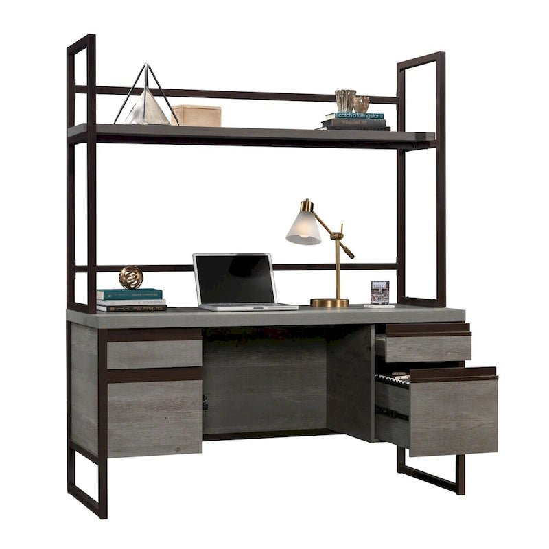 Bureau informatique Mystic Oak avec tiroirs et rangement de dossiers