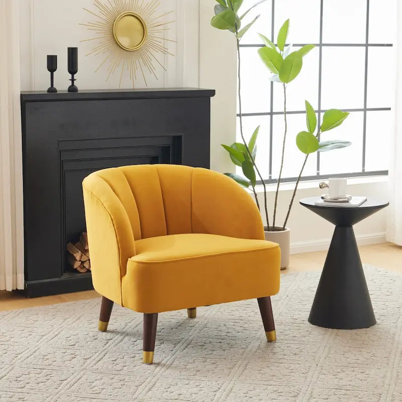 Fauteuil d'appoint en velours Barrel, dossier touffeté de style Mid-Century, pieds en bois d'hévéa