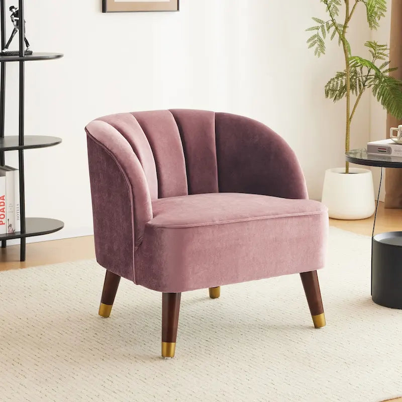 Fauteuil d'appoint en velours Barrel, dossier touffeté de style Mid-Century, pieds en bois d'hévéa