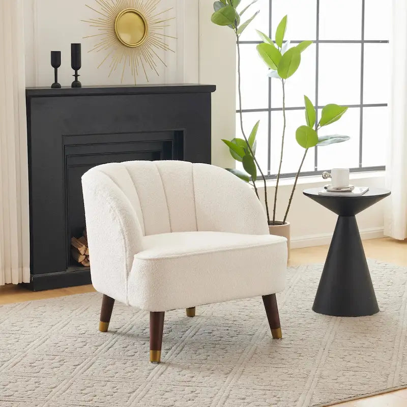 Fauteuil d'appoint en velours Barrel, dossier touffeté de style Mid-Century, pieds en bois d'hévéa
