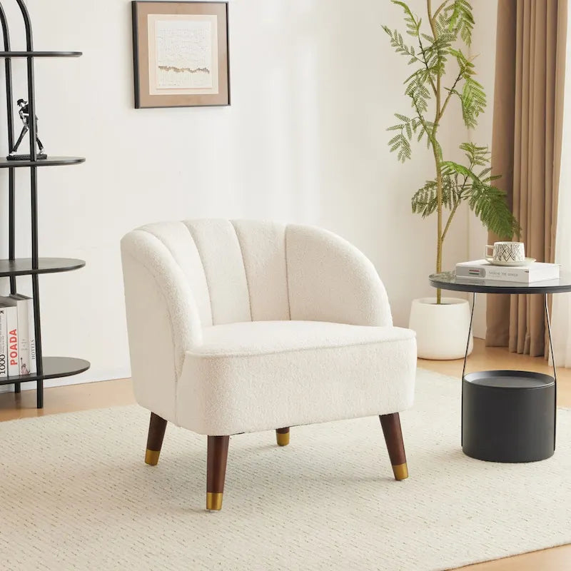 Fauteuil d'appoint en velours Barrel, dossier touffeté de style Mid-Century, pieds en bois d'hévéa