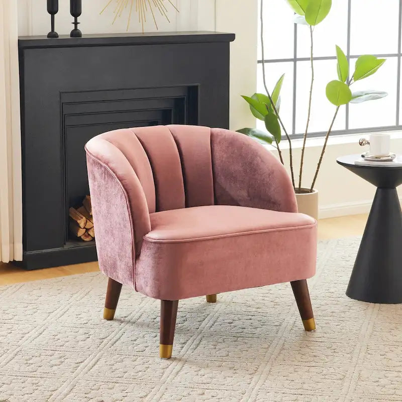 Fauteuil d'appoint en velours Barrel, dossier touffeté de style Mid-Century, pieds en bois d'hévéa