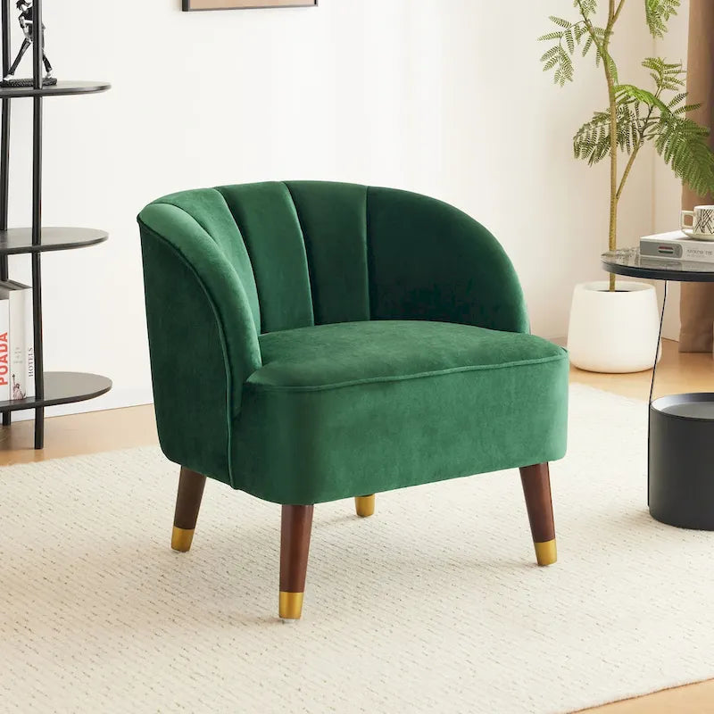 Fauteuil d'appoint en velours Barrel, dossier touffeté de style Mid-Century, pieds en bois d'hévéa