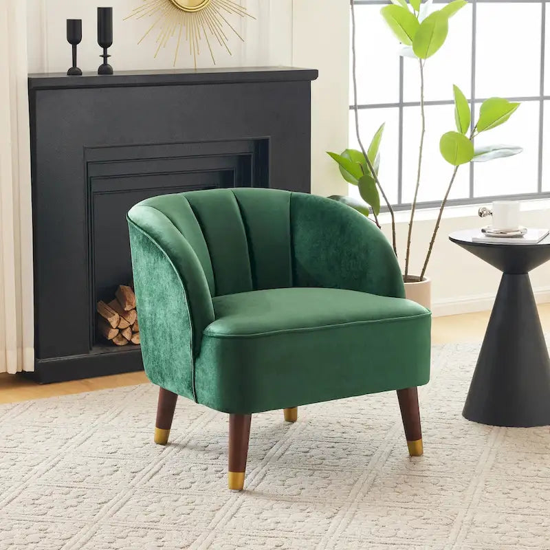 Fauteuil d'appoint en velours Barrel, dossier touffeté de style Mid-Century, pieds en bois d'hévéa