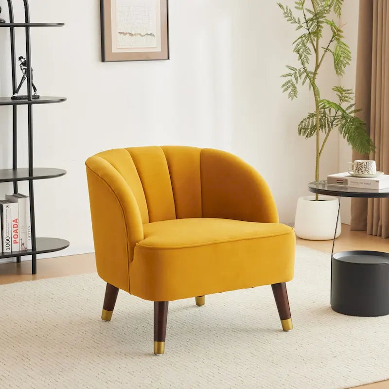 Fauteuil d'appoint en velours Barrel, dossier touffeté de style Mid-Century, pieds en bois d'hévéa