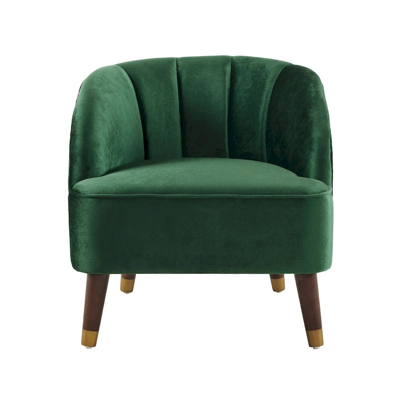 Fauteuil d'appoint en velours Barrel, dossier touffeté de style Mid-Century, pieds en bois d'hévéa