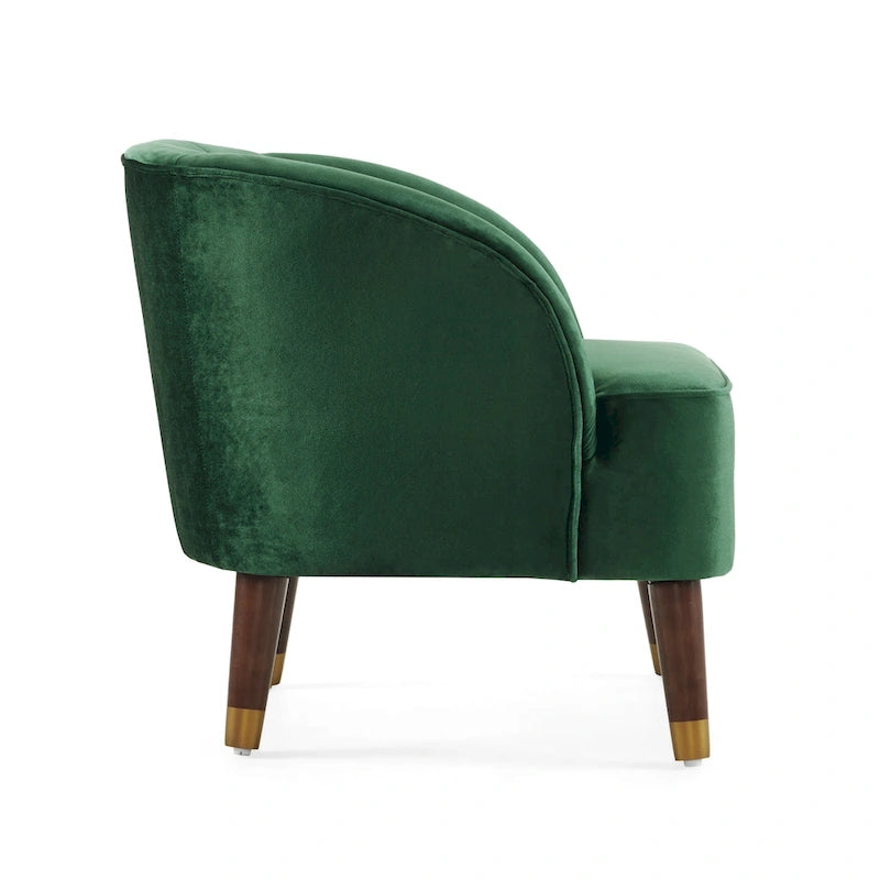 Fauteuil d'appoint en velours Barrel, dossier touffeté de style Mid-Century, pieds en bois d'hévéa