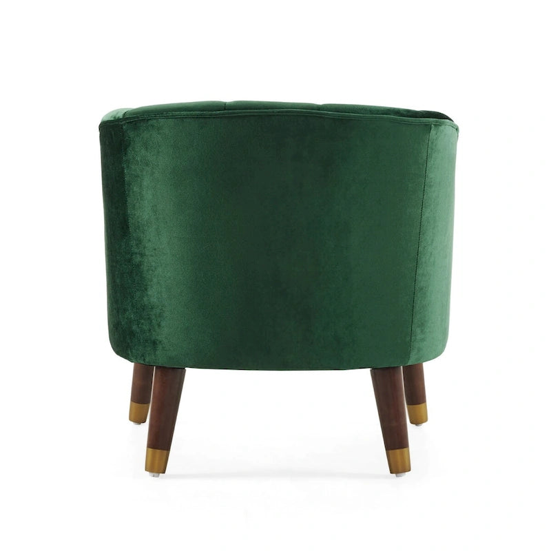 Fauteuil d'appoint en velours Barrel, dossier touffeté de style Mid-Century, pieds en bois d'hévéa