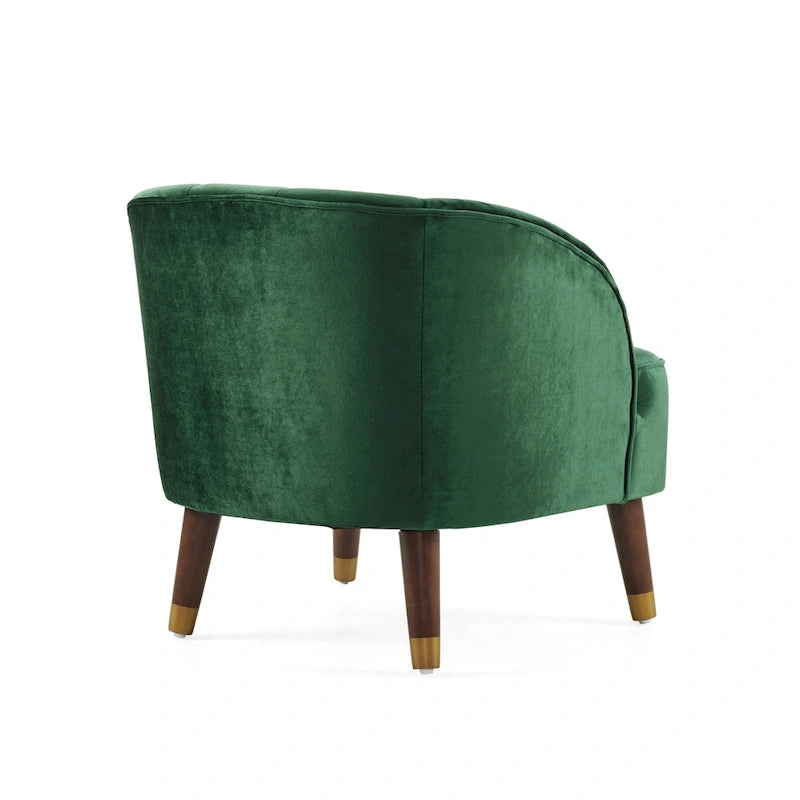Fauteuil d'appoint en velours Barrel, dossier touffeté de style Mid-Century, pieds en bois d'hévéa