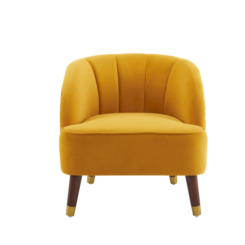 Fauteuil d'appoint en velours Barrel, dossier touffeté de style Mid-Century, pieds en bois d'hévéa