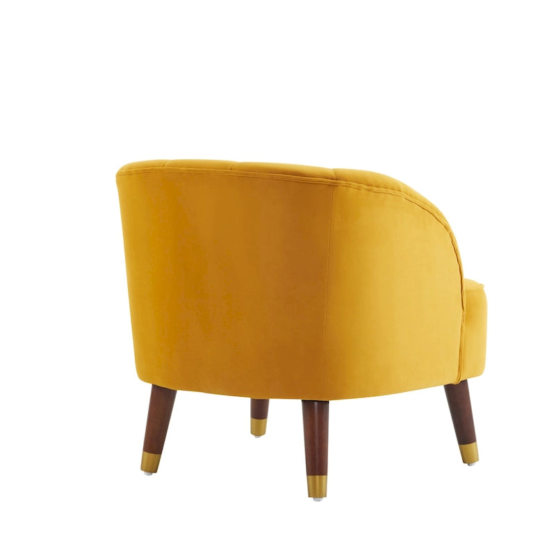 Fauteuil d'appoint en velours Barrel, dossier touffeté de style Mid-Century, pieds en bois d'hévéa