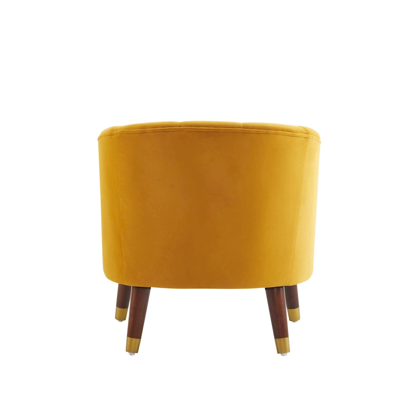 Fauteuil d'appoint en velours Barrel, dossier touffeté de style Mid-Century, pieds en bois d'hévéa