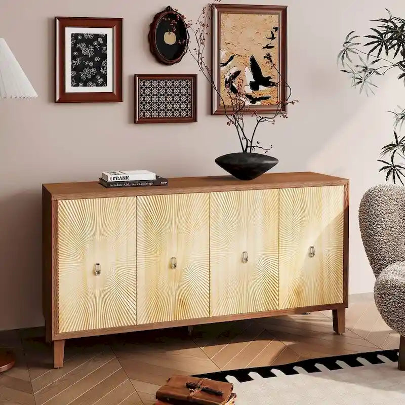 Bahut sculpté 4 portes "Vintage Sunburst" Marron Naturel