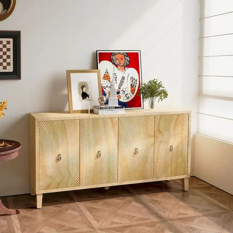 Bahut sculpté 4 portes "Vintage Sunburst" Marron Naturel