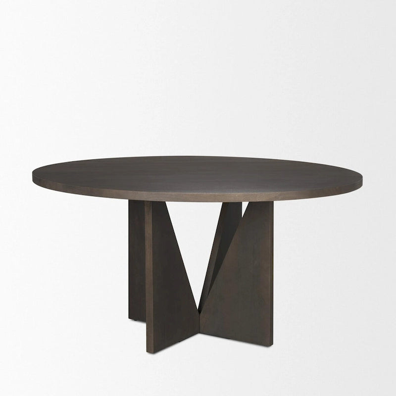 Table à manger ronde en bois d'espresso avec piètement sculptural géométrique marron