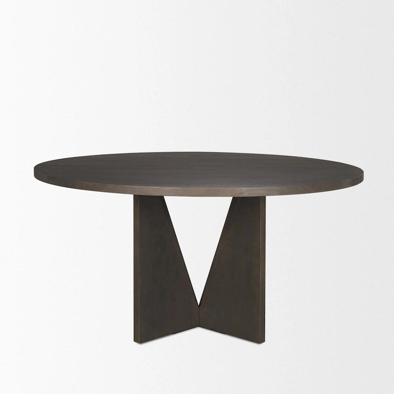 Table à manger ronde en bois d'espresso avec piètement sculptural géométrique marron