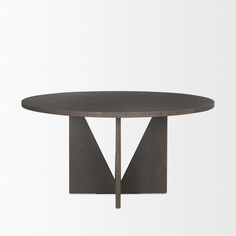 Table à manger ronde en bois d'espresso avec piètement sculptural géométrique marron