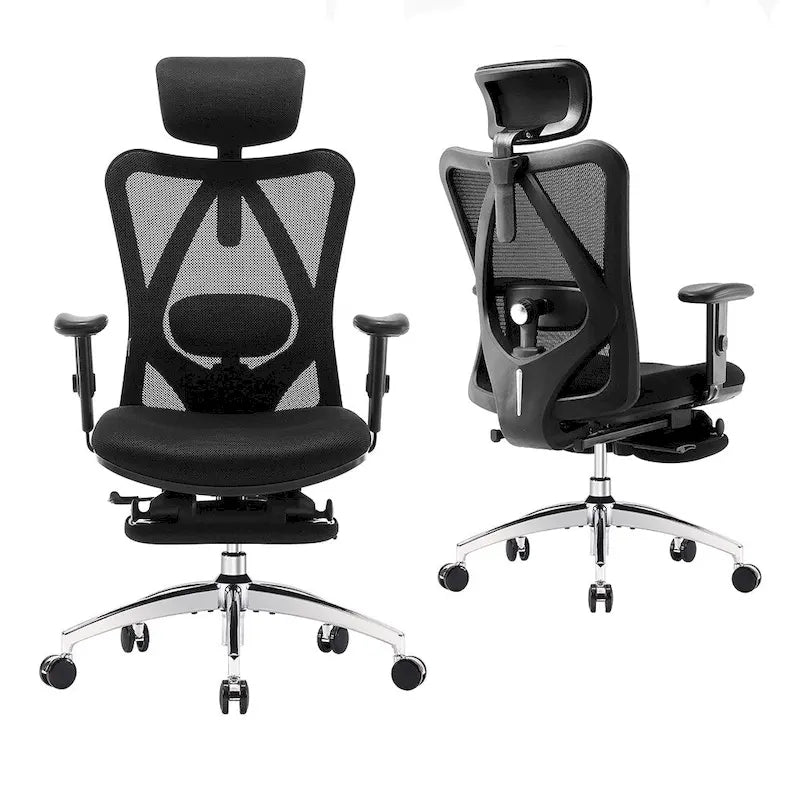 Fauteuil de bureau ergonomique en maille à dossier haut avec repose-pieds, appui-tête réglable et support lombaire – Noir