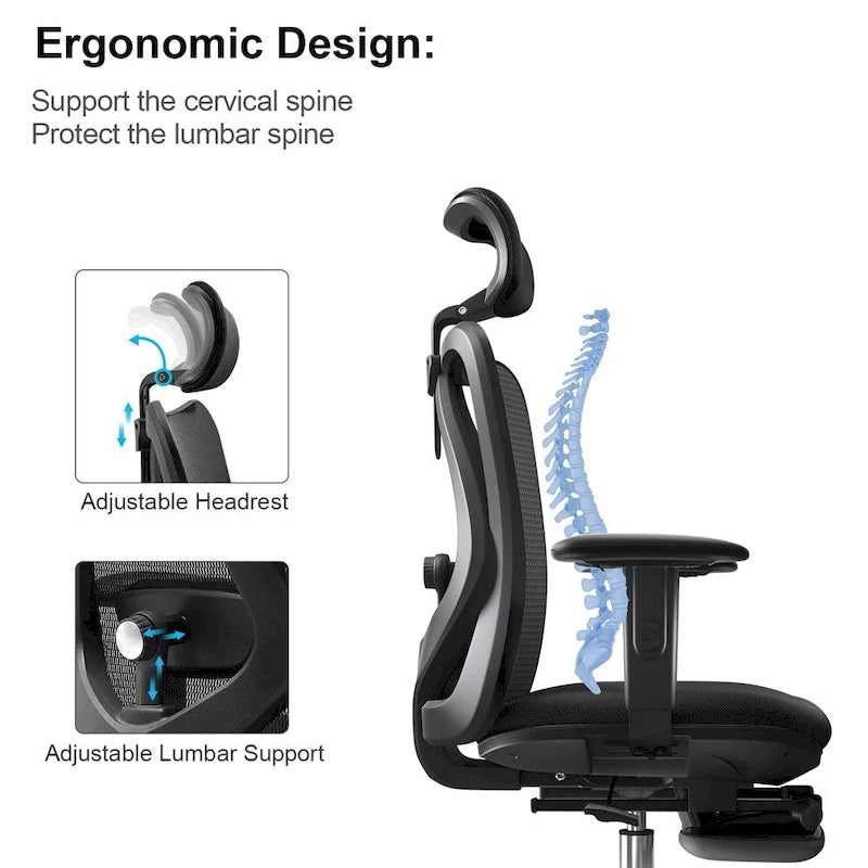 Fauteuil de bureau ergonomique en maille à dossier haut avec repose-pieds, appui-tête réglable et support lombaire – Noir