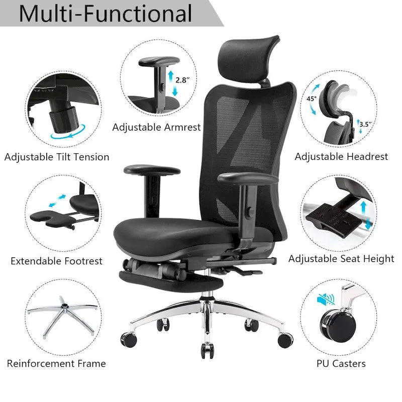 Fauteuil de bureau ergonomique en maille à dossier haut avec repose-pieds, appui-tête réglable et support lombaire – Noir
