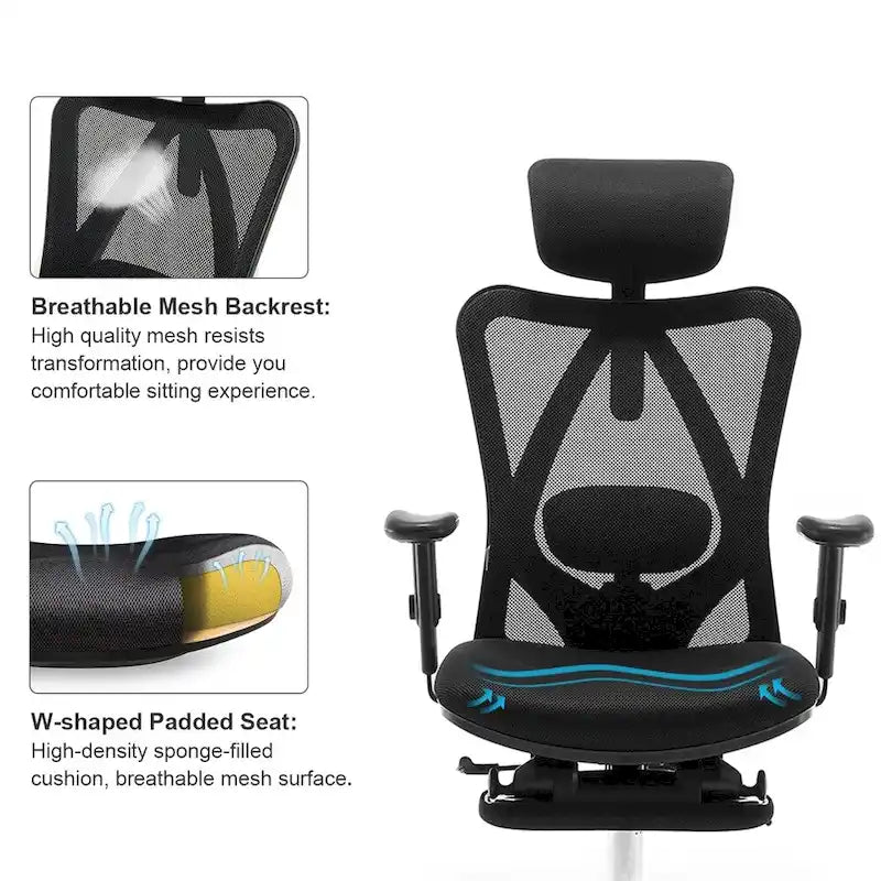 Fauteuil de bureau ergonomique en maille à dossier haut avec repose-pieds, appui-tête réglable et support lombaire – Noir