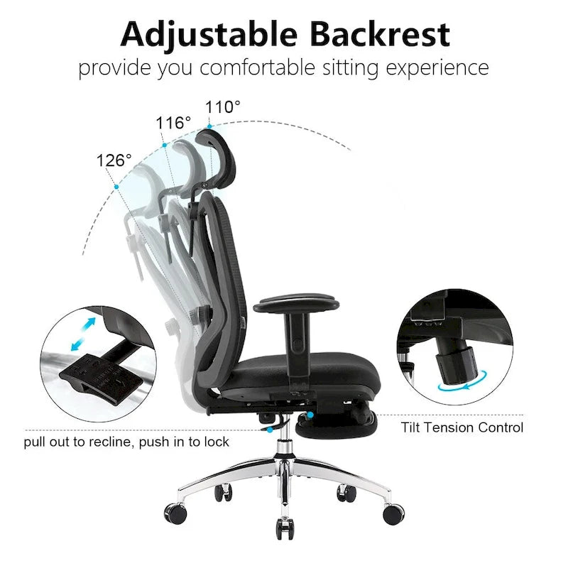 Fauteuil de bureau ergonomique en maille à dossier haut avec repose-pieds, appui-tête réglable et support lombaire – Noir