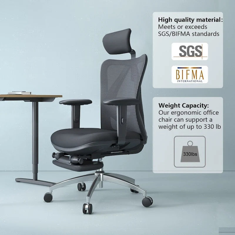 Fauteuil de bureau ergonomique en maille à dossier haut avec repose-pieds, appui-tête réglable et support lombaire – Noir