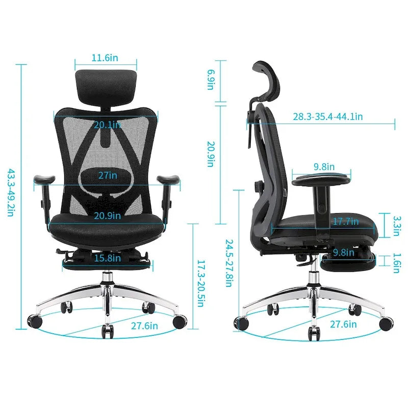Fauteuil de bureau ergonomique en maille à dossier haut avec repose-pieds, appui-tête réglable et support lombaire – Noir