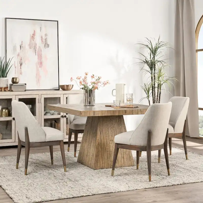 Table à manger carrée en pin recyclé naturel avec piètement socle, finition naturelle
