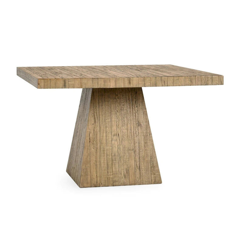 Table à manger carrée en pin recyclé naturel avec piètement socle, finition naturelle