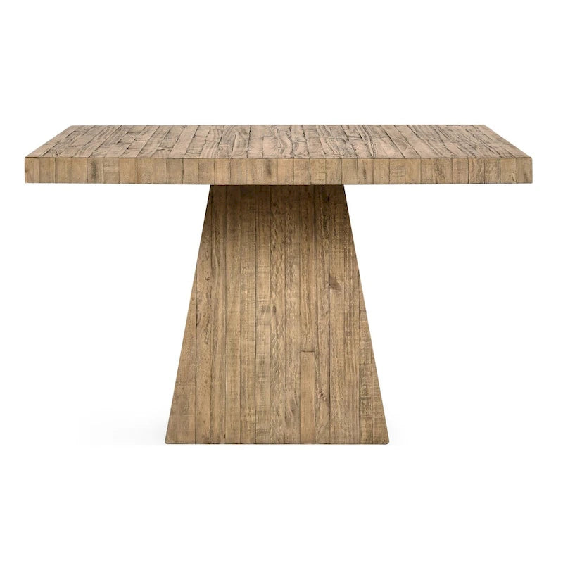 Table à manger carrée en pin recyclé naturel avec piètement socle, finition naturelle