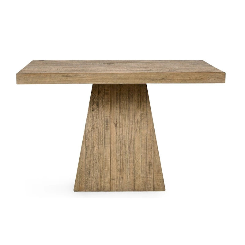 Table à manger carrée en pin recyclé naturel avec piètement socle, finition naturelle