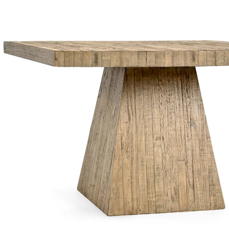 Table à manger carrée en pin recyclé naturel avec piètement socle, finition naturelle