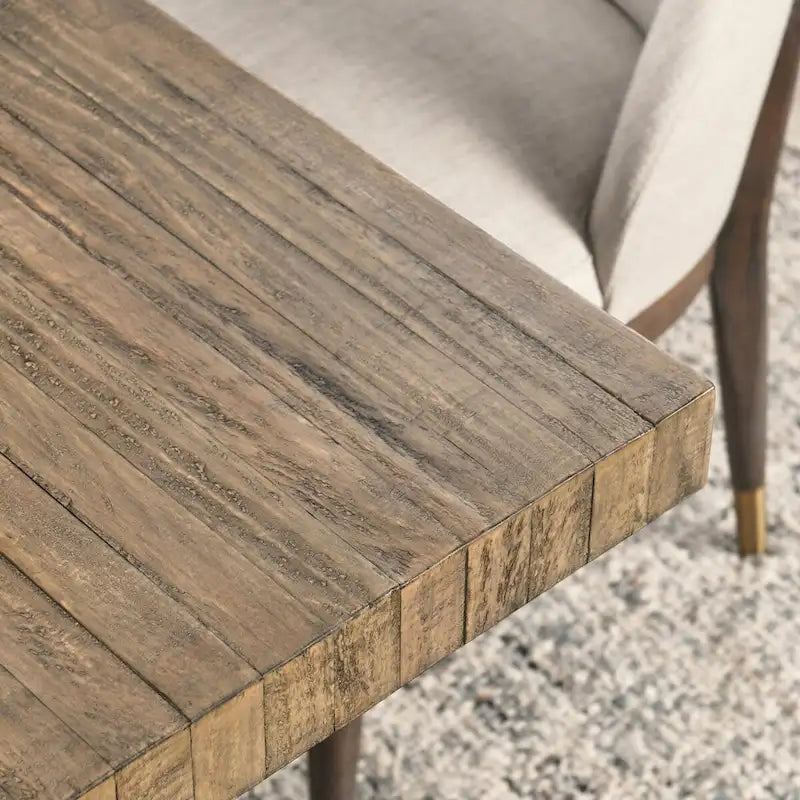 Table à manger carrée en pin recyclé naturel avec piètement socle, finition naturelle
