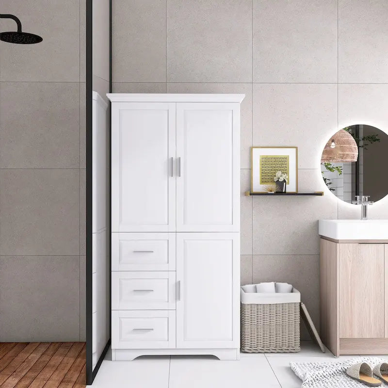 Meuble de rangement haut avec portes doubles, trois tiroirs, étagère réglable, blanc