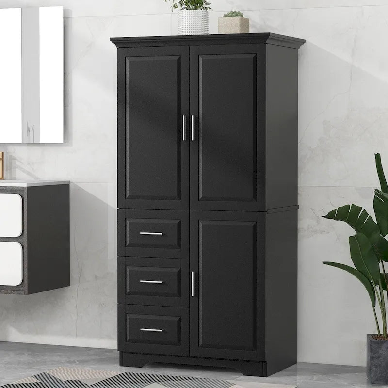 Meuble de rangement haut avec portes doubles, trois tiroirs, étagère réglable, blanc