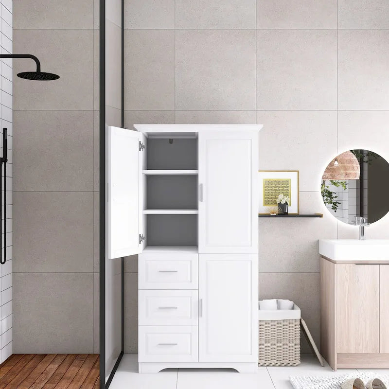 Meuble de rangement haut avec portes doubles, trois tiroirs, étagère réglable, blanc