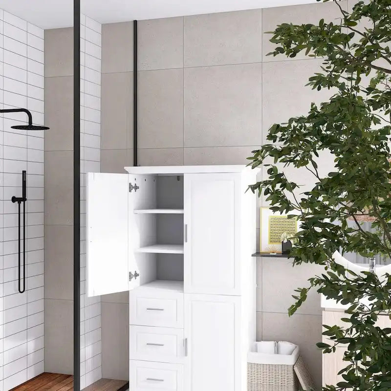 Meuble de rangement haut avec portes doubles, trois tiroirs, étagère réglable, blanc