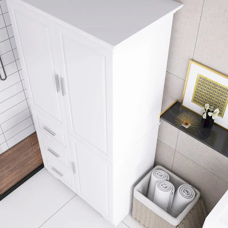 Meuble de rangement haut avec portes doubles, trois tiroirs, étagère réglable, blanc