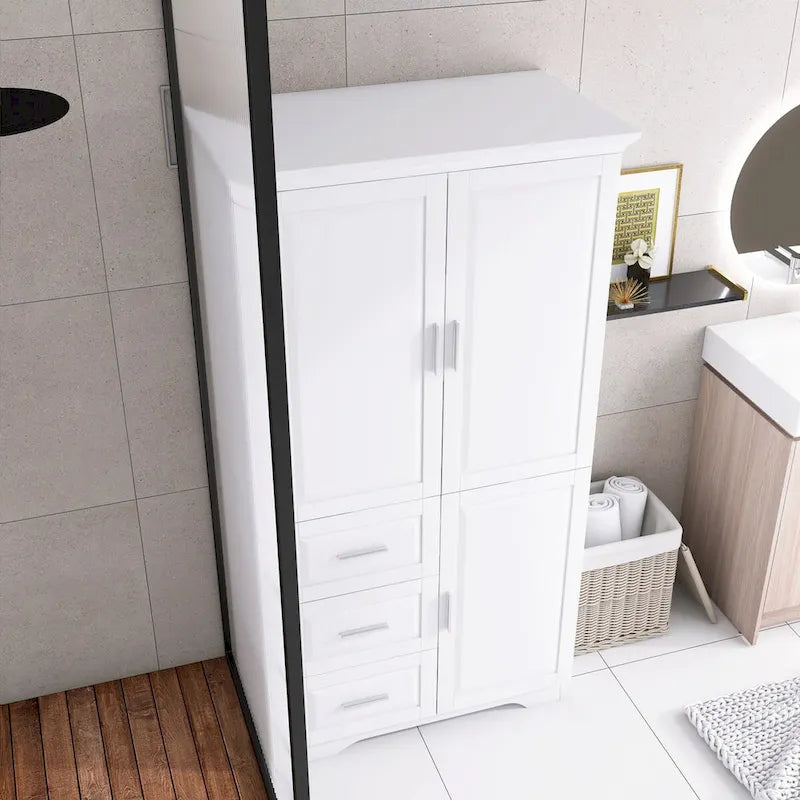 Meuble de rangement haut avec portes doubles, trois tiroirs, étagère réglable, blanc