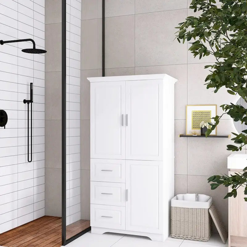 Meuble de rangement haut avec portes doubles, trois tiroirs, étagère réglable, blanc