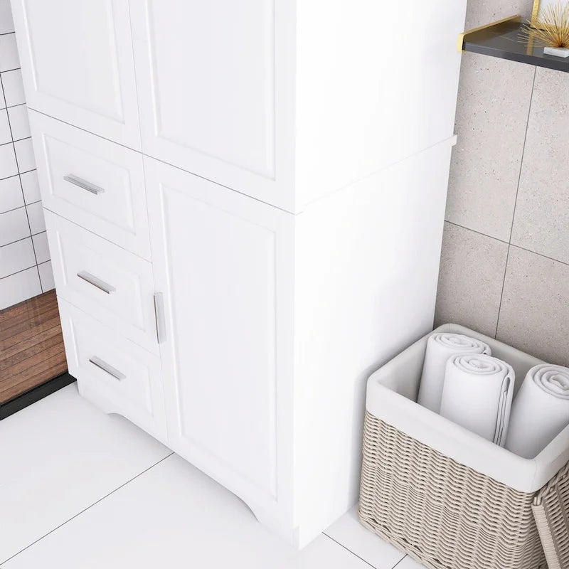 Meuble de rangement haut avec portes doubles, trois tiroirs, étagère réglable, blanc