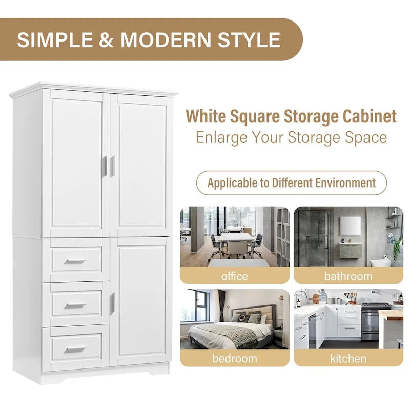 Meuble de rangement haut avec portes doubles, trois tiroirs, étagère réglable, blanc
