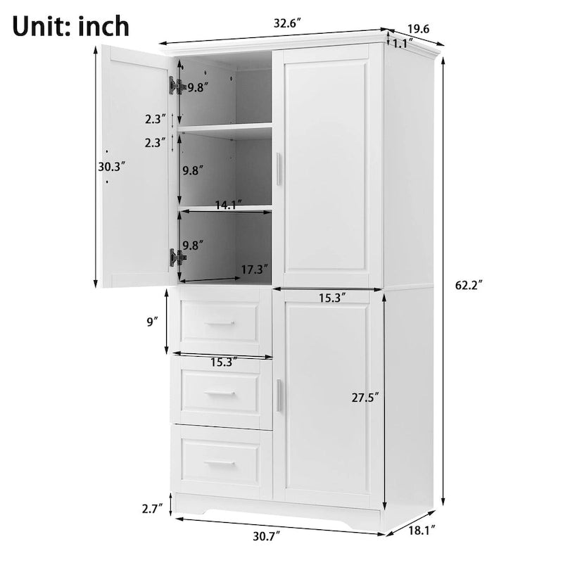 Meuble de rangement haut avec portes doubles, trois tiroirs, étagère réglable, blanc