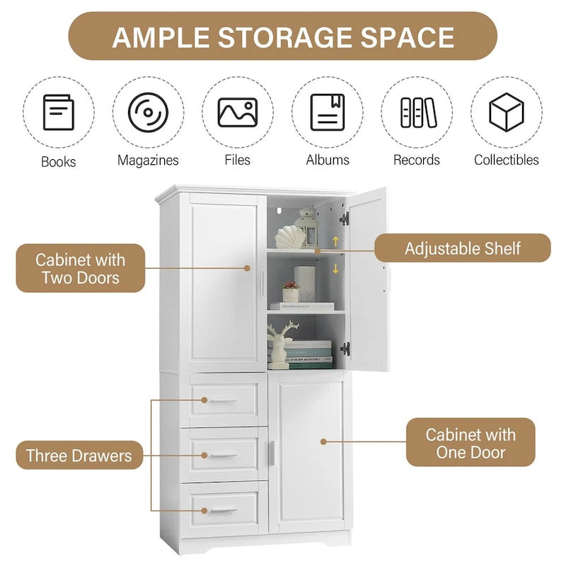 Meuble de rangement haut avec portes doubles, trois tiroirs, étagère réglable, blanc
