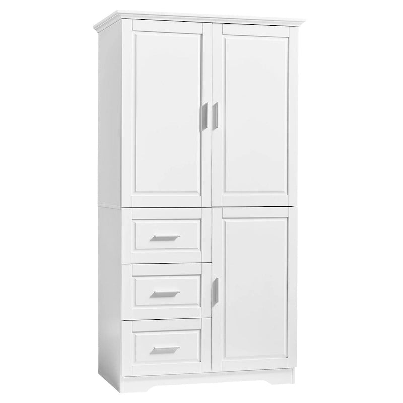 Meuble de rangement haut avec portes doubles, trois tiroirs, étagère réglable, blanc