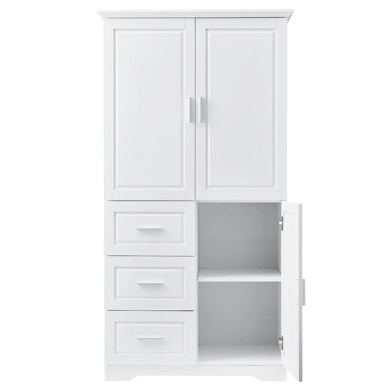 Meuble de rangement haut avec portes doubles, trois tiroirs, étagère réglable, blanc